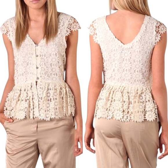 Alice + Olivia Tops - Alice + Olivia Wendy Cream Lace Button Front Vest Peplum Top Women’s Large